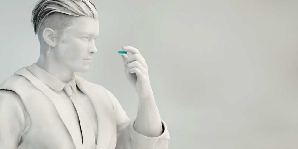 Man Inspecting Pill as a Precaution Concept Art 3D Render